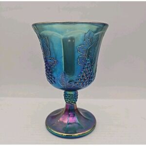 VINTAGE INDIANA CARNIVAL BLUE LUSTER WINE GOBLET, GRAPE CLUSTERS, 5-1/4" TALL